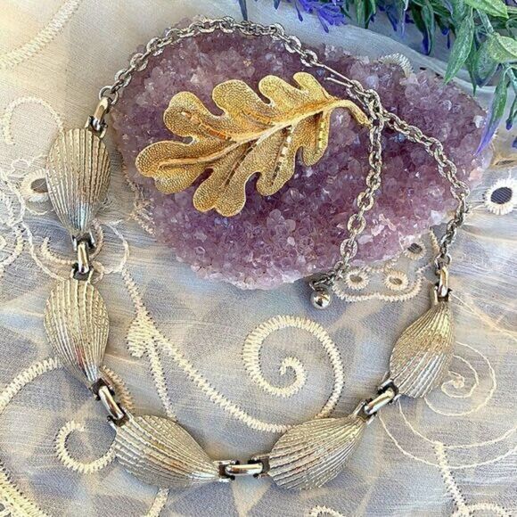 Vintage Silver Shell Necklace & Gold Leaf Pin Brooch - Picture 1 of 6